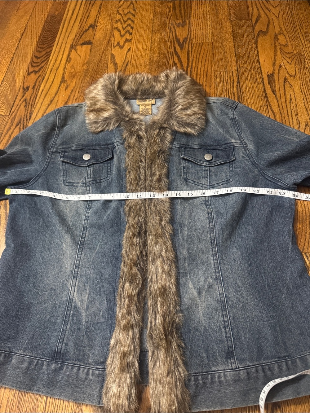Y2K Midnight Velvet Faux Fur Trim Denim Jacket XL Boho Western Festival - Picture 8 of 11